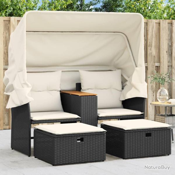 Canap� de 2 places avec auvent et tabourets noir rotin