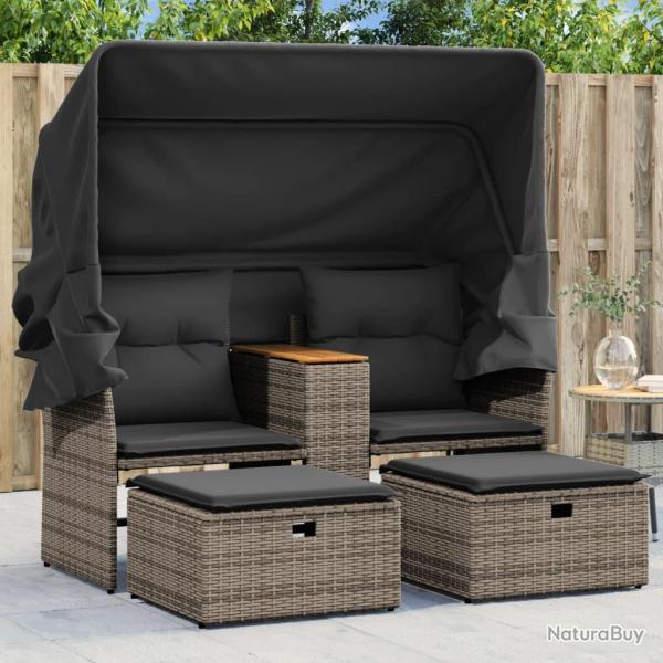 Canap� de 2 places avec auvent et tabourets gris rotin