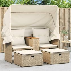 Canap&eacute; de 2 places avec auvent et tabourets beige rotin