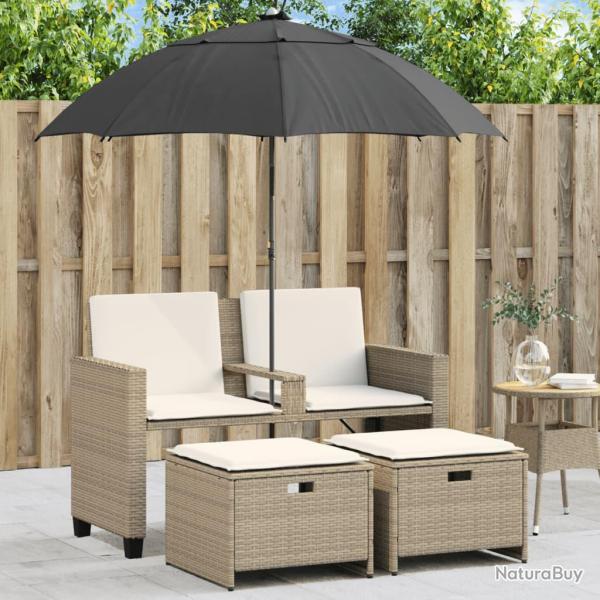 Canap� de 2 places avec parasol et tabourets beige rotin