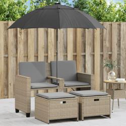 Canap&eacute; 2 places avec parasol et tabourets en rotin, beige, pour la terrasse