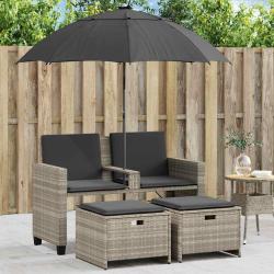 Canap&eacute; de 2 places et parasol tabourets gris clair rotin