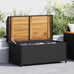 Banc de rangement noir r&eacute;sine tress&eacute;e et bois d'acacia