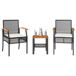 Ensemble de bistro 3 pcs et coussins noir r&eacute;sine tress&eacute;e acacia