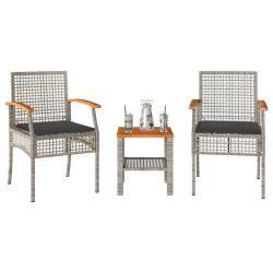 Ensemble de bistro 3 pcs et coussins gris r&eacute;sine tress&eacute;e acacia