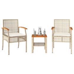 Ensemble de bistro 3 pcs coussins beige r&eacute;sine tress&eacute;e acacia