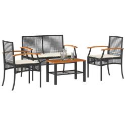 Salon de 4 pcs avec coussins Noir R&eacute;sine tress&eacute;e