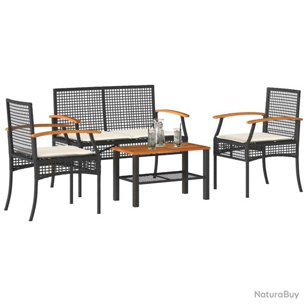 Salon de 4 pcs avec coussins Noir R�sine tress�e