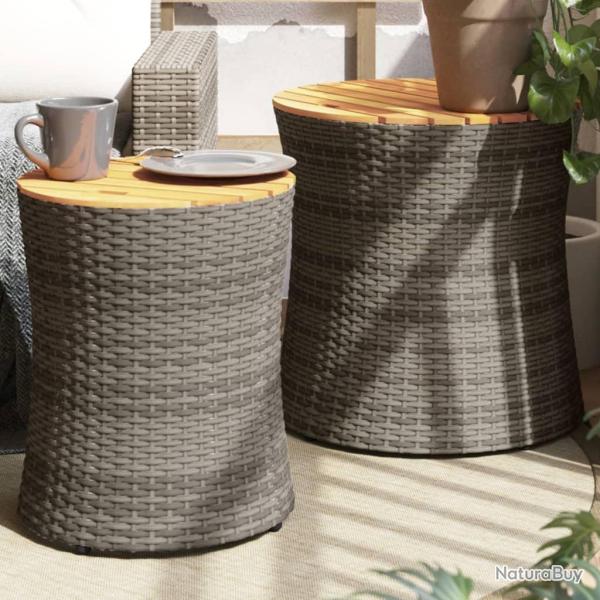 Tables d'appoint de 2 pcs dessus en bois gris poly rotin