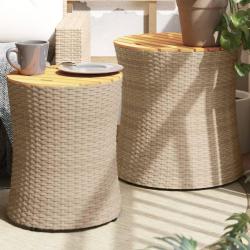 Tables d'appoint de 2pcs dessus en bois beige poly rotin