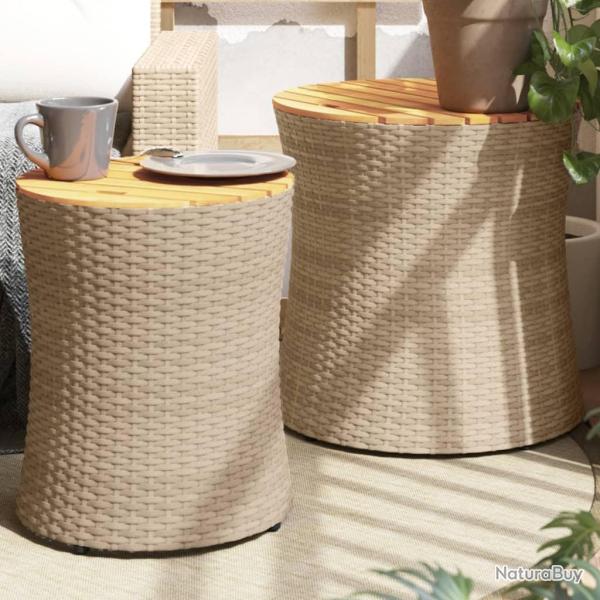 Tables d'appoint de 2pcs dessus en bois beige poly rotin