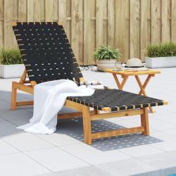 Chaises longues, en bois d'acacia solide et tissu noir, pour la terrasse