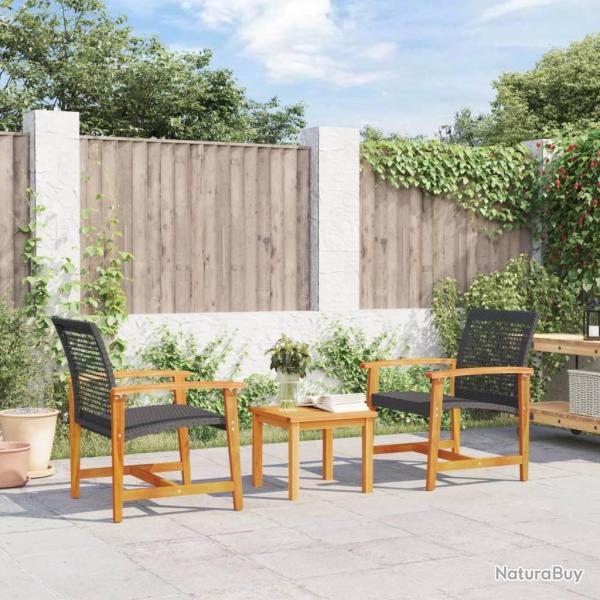 Ensemble de bistro 3 pcs noir r�sine tress�e et bois d'acacia