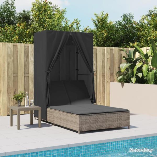 Chaise longue double avec toit et rideaux gris r�sine tress�e