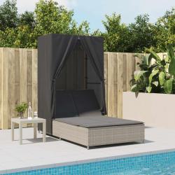 Chaise longue double avec toit et rideaux gris clair poly rotin