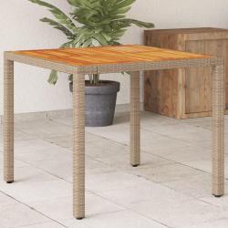 Table de beige 90x90x75 cm r&eacute;sine tress&eacute;e et bois acacia
