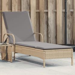 Chaise longue avec roues et coussin beige r&eacute;sine tress&eacute;e