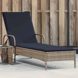 Chaise longue &agrave; roulettes avec coussin gris r&eacute;sine tress&eacute;e