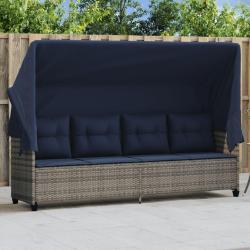 Chaise longue avec auvent et coussins gris r&eacute;sine tress&eacute;e