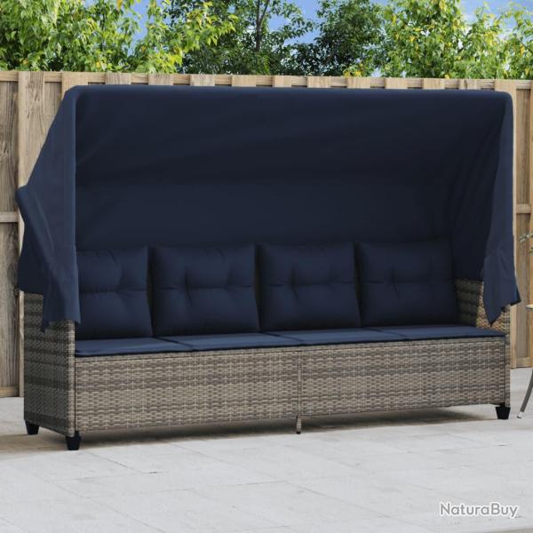 Chaise longue avec auvent et coussins gris r�sine tress�e