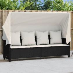 Chaise longue avec auvent et coussins noir r&eacute;sine tress&eacute;e