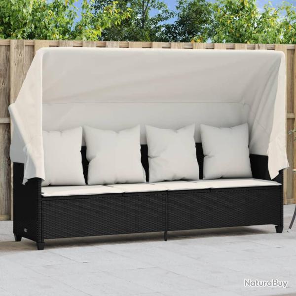 Chaise longue avec auvent et coussins noir r�sine tress�e