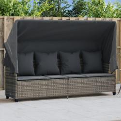 Chaise longue avec auvent et coussins gris r&eacute;sine tress&eacute;e