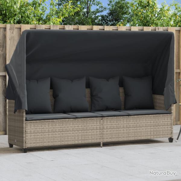 Chaise longue avec auvent et coussins gris clair r�sine tress�e
