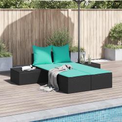 Chaise longue double avec coussins en rotin synth&eacute;tique noir