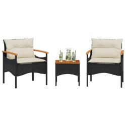 Salon de 3 pcs avec coussins noir r&eacute;sine tress&eacute;e