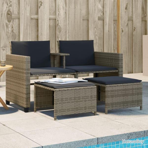 Canap� de 2 places avec table et tabourets gris rotin