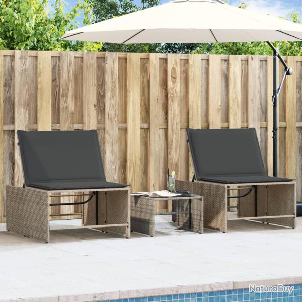 Chaises longues 2 pi�ces avec table en r�sine tress�e grise
