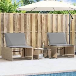 Chaises longues 2 pi&egrave;ces avec table en r&eacute;sine tress&eacute;e beige