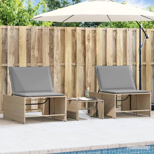Chaises longues 2 pi�ces avec table en r�sine tress�e beige