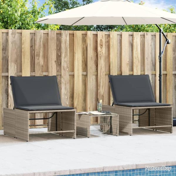 Chaises longues 2 pi�ces avec table en r�sine tress�e gris clair