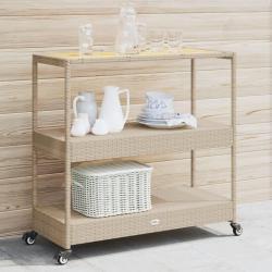 Chariot de bar 3 niveaux beige rotin et bois d'acacia massif