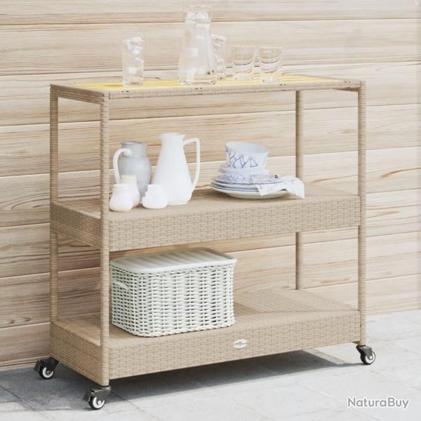 Chariot de bar 3 niveaux beige rotin et bois d'acacia massif