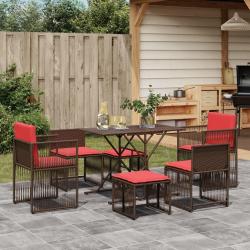 Ensemble &agrave; manger de et coussins 7 pcs marron poly rotin