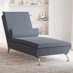 Chaise longue de massage avec traversin gris fonc&eacute; velours