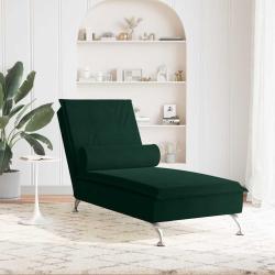 Chaise longue de massage avec traversin vert fonc&eacute; velours