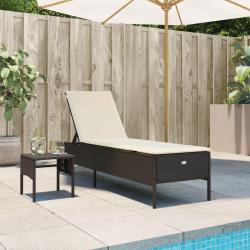 Chaise longue avec table et coussin marron r&eacute;sine tress&eacute;e