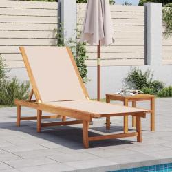 Chaise longue et table cr&egrave;me bois d'acacia solide et textil&egrave;ne