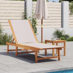 Chaise longue et table gris bois d'acacia solide et textil&egrave;ne