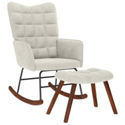 Chaise &agrave; bascule avec tabouret en velours cr&egrave;me