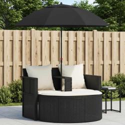 Lit avec parasol, en r&eacute;sine tress&eacute;e noire, pour la terrasse