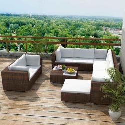 Salon de 10 pi&egrave;ces avec coussins, r&eacute;sine tress&eacute;e, marron, pour le jardin