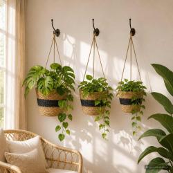 Suspensions pour plantes, 3 pi&egrave;ces, naturel et noir, &Oslash; 26 &times; 19 cm