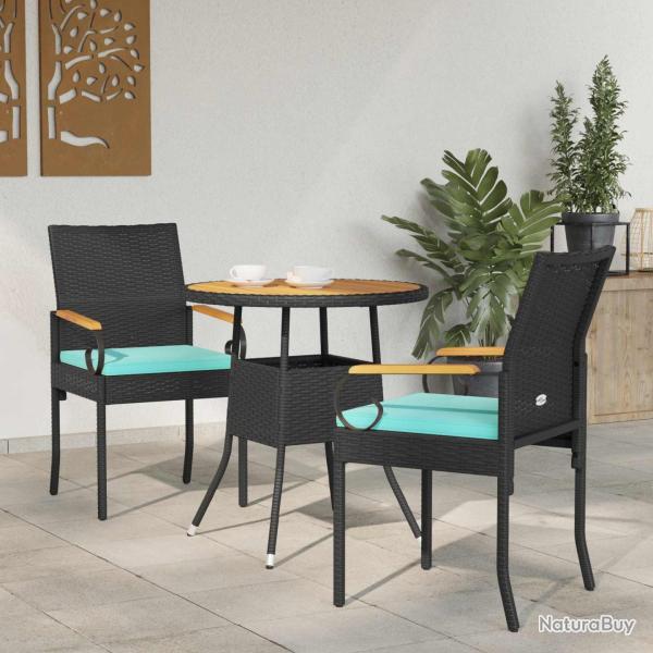 Chaises de 2 pcs Noir et turquoise Poly Rattan et Acacia
