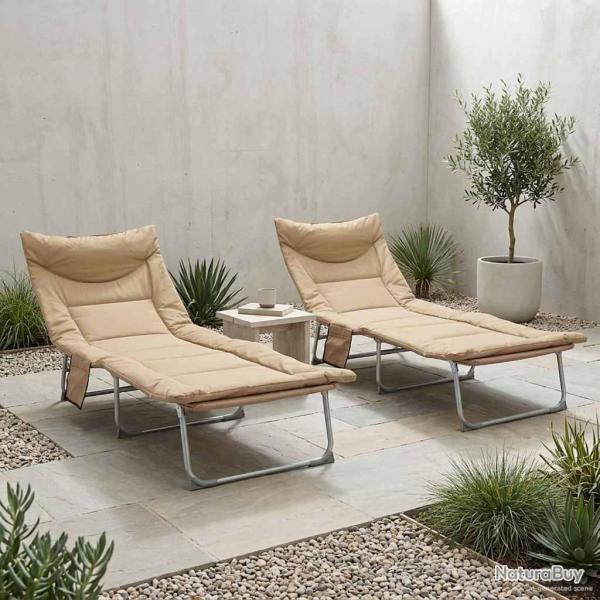 Transat pliant avec coussin 2 pcs Beige