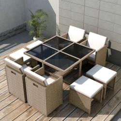 Ensemble &agrave; manger d'ext&eacute;rieur et coussins 9 pcs r&eacute;sine tress&eacute;e